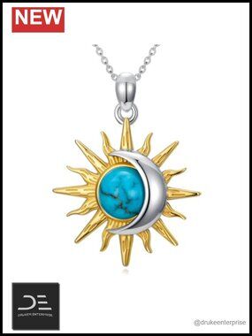 Natural Turquoise Sun Moon Pendant Necklace 925 Sterling Silver Gold Plated